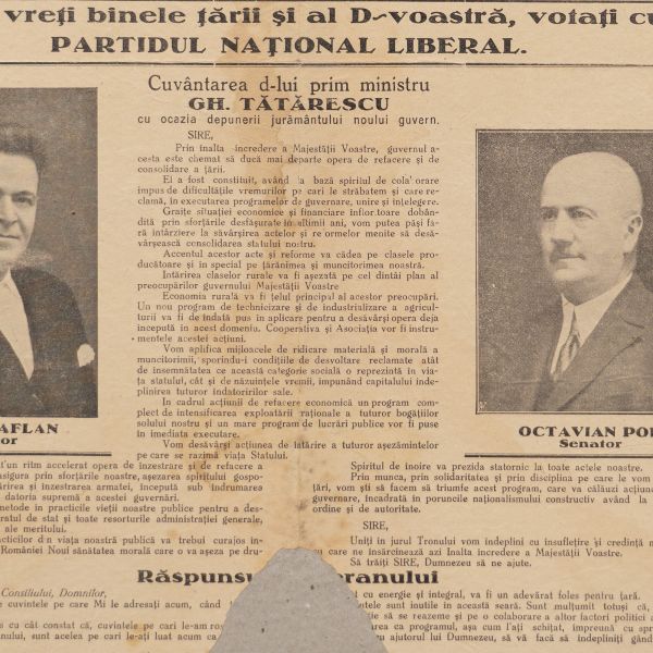 Membrii Partidului Național Liberal, calendar, 1938 + filă din publicația „Vulturul”, 1908