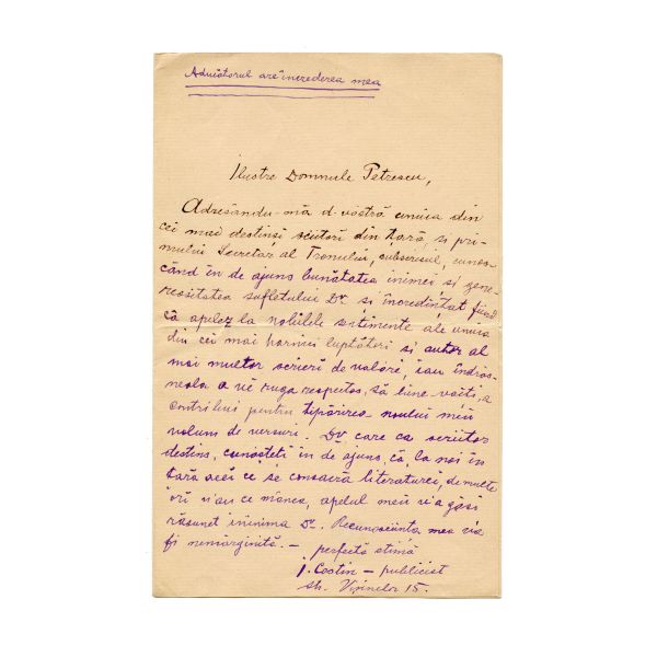 Ion Costin, trei scrisori, o carte de vizită și o chitanță pentru Ioan C. Petrescu 
