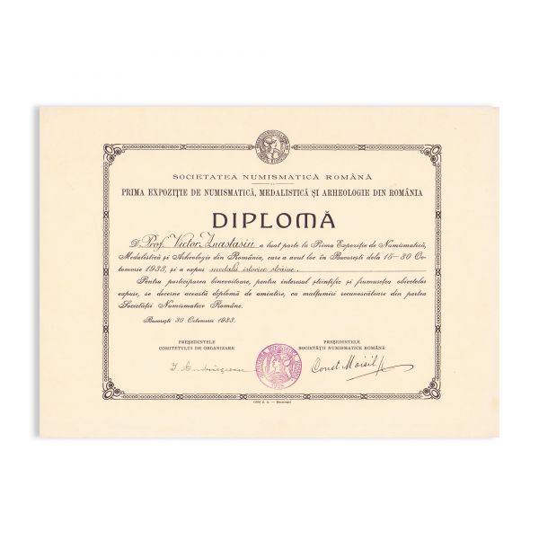 Prof. Victor Anastasiu, diplomă emisă de Societatea Numismatică Română, 1933