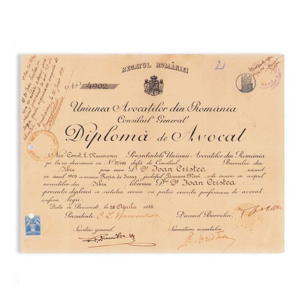 Dr. Ioan Cristea, diplomă de avocat, 1933