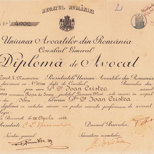 Dr. Ioan Cristea, diplomă de avocat, 1933