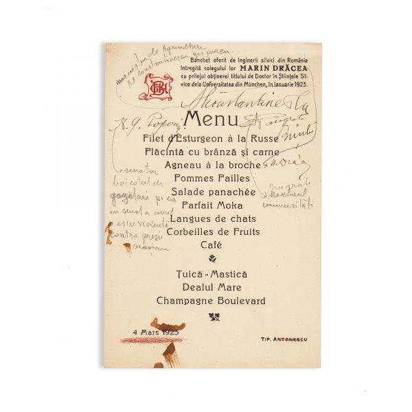 Patru meniuri pentru banchete, 1923-1928, cu semnături olografe
