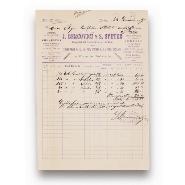 Fabrica Adolf Laskai și Depozitul de Lemnărie și Ferărie J. Bercovici & S. Speter, două facturi, 1888 - 1907 
