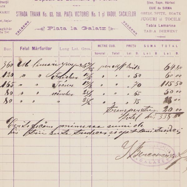 Fabrica Adolf Laskai și Depozitul de Lemnărie și Ferărie J. Bercovici & S. Speter, două facturi, 1888 - 1907 