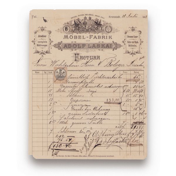 Fabrica Adolf Laskai și Depozitul de Lemnărie și Ferărie J. Bercovici & S. Speter, două facturi, 1888 - 1907 