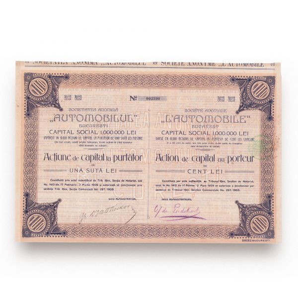 Societatea „Automobilul”, acțiune de capital la purtător în valoare de 100 lei, 1909
