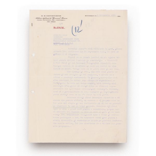 G. M. Cantacuzino și gen. Pion, arhiva corespondenței privind construirea Bisericii din Seini, 1939 - 1941
