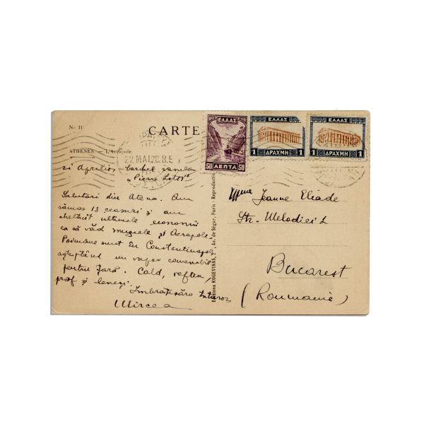 Mircea Eliade, carte poștală pentru Jeanne Eliade, 21 aprilie 1928