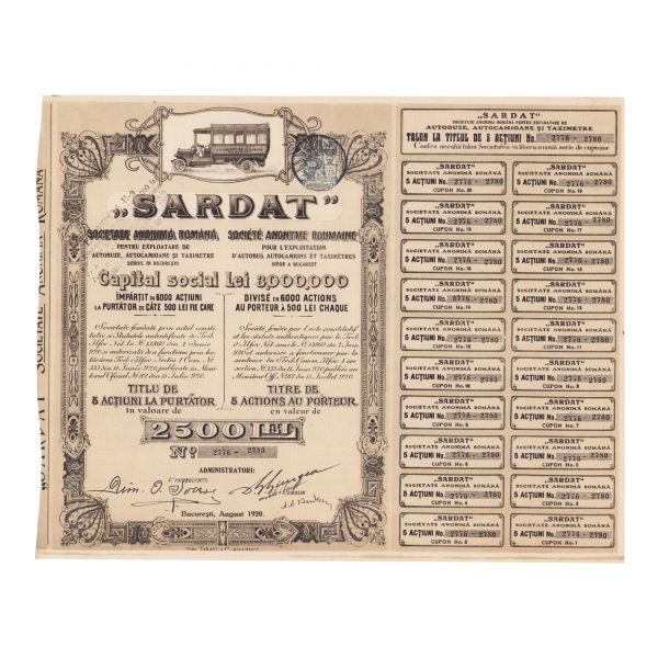 Societatea Anonimă Română „Sardat”, titlu de 5 acțiuni la purtător, 1920