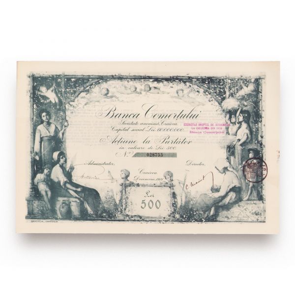 Banca Comerțului, acțiune la purtător în valoare de 500 lei, 1921