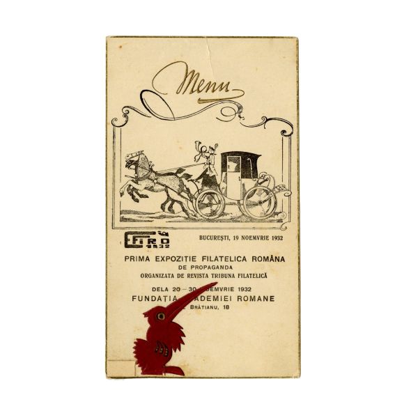 Meniul Banchetului Expoziției Filatelice Române (EFIRO), 19 noiembrie 1932, cu numeroase semnături