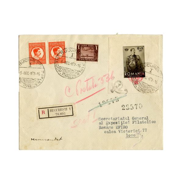 Plic expediat Secretariatului General al Expozitiei cu coliță cu supratipar goarnă, 5 decembrie 1932