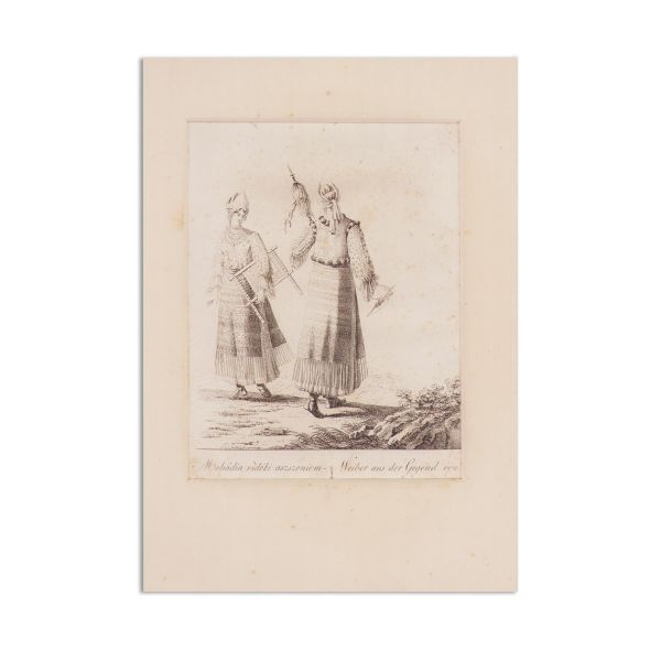 Fată valahă, țărani din Munții Carpați, femei în costum tradițional, trei gravuri în metal, cca. 1810
