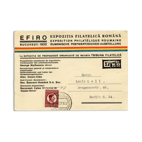 Expoziția Filatelică Română, carte poștală + plic, 1932