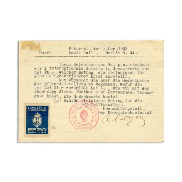 Expoziția Filatelică Română, carte poștală + plic, 1932