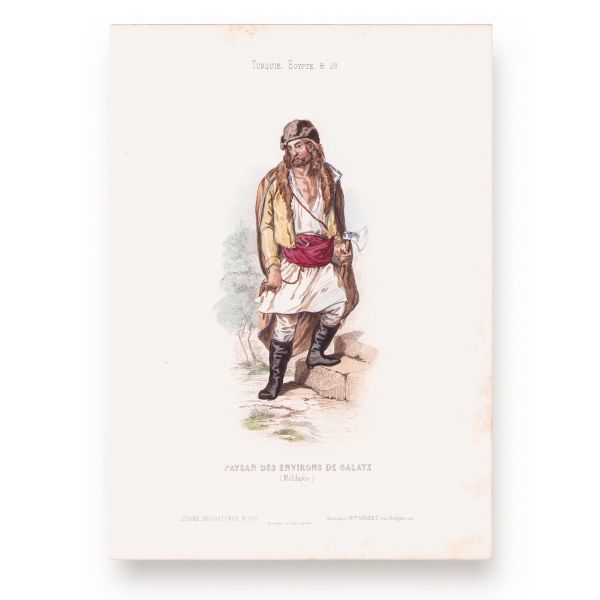 Țăran din zona Galați, litografie colorată manual, cca. 1840