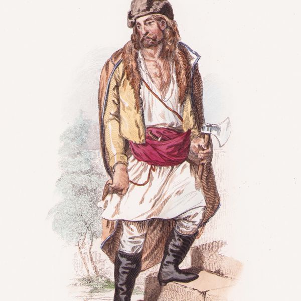 Țăran din zona Galați, litografie colorată manual, cca. 1840