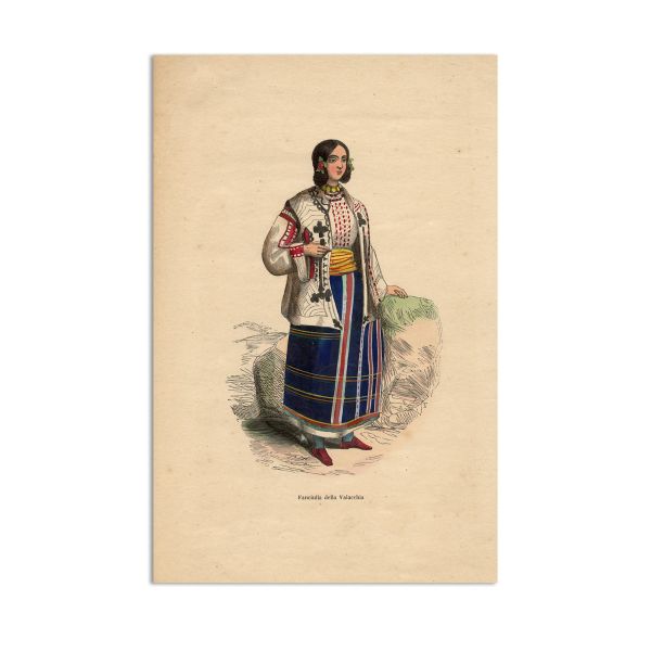 Fată din Valahia, gravură colorată manual, 1847