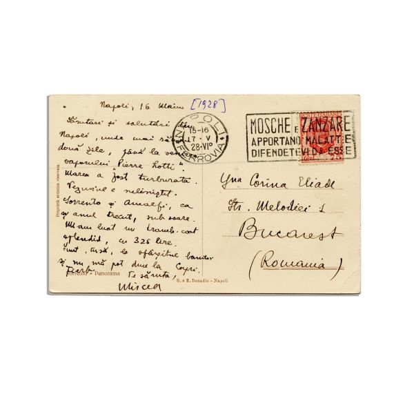 Mircea Eliade, carte poștală pentru Corina Eliade, 16 mai 1928