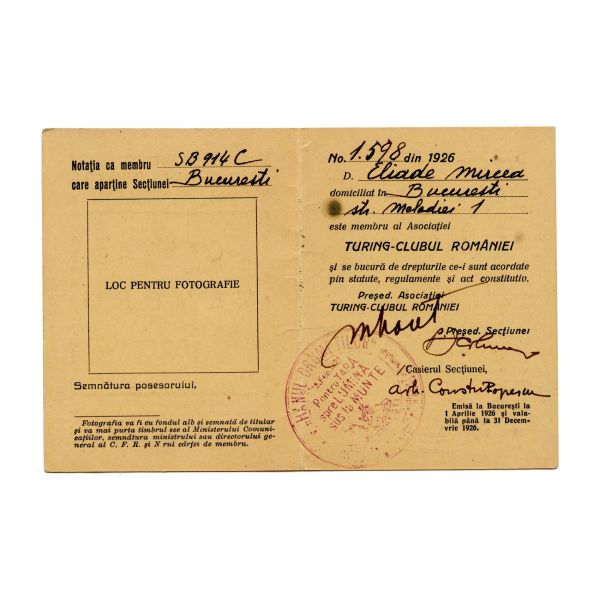 Mircea Eliade, Carnet de membru TURING-Clubul României, 1926