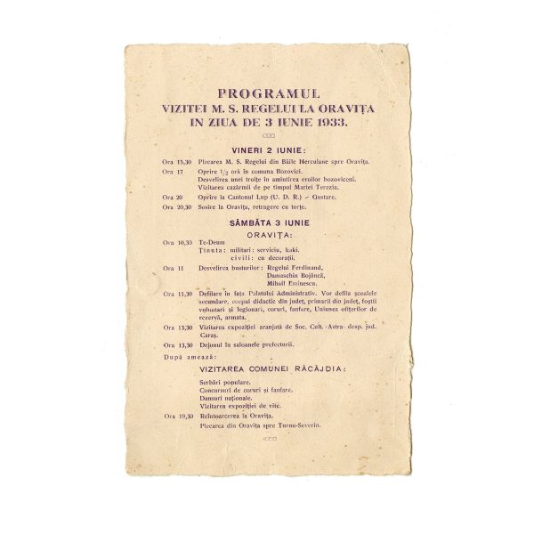 Ioan Mangiuca, invitația și programul vizitei regelui Carol al II-lea la Oravița, 3 iunie 1933