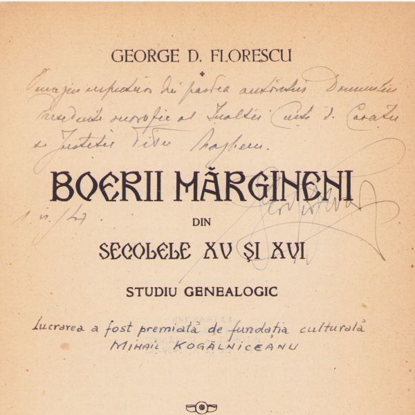 George D. Florescu, Boerii mărgineni din secolele XV și XVI, 1930, cu dedicație pentru Titu Magheru