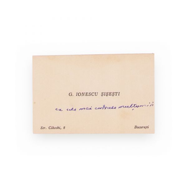 Gheorghe Ionescu-Șișești, carte de vizită, cu un mesaj olograf adresat ing. Bălan