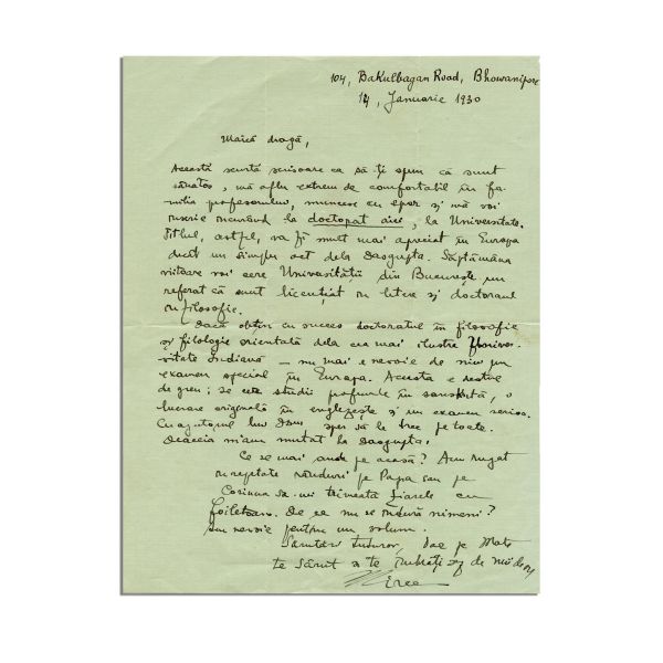 Mircea Eliade, scrisoare pentru mama sa, 14 ianuarie 1930 