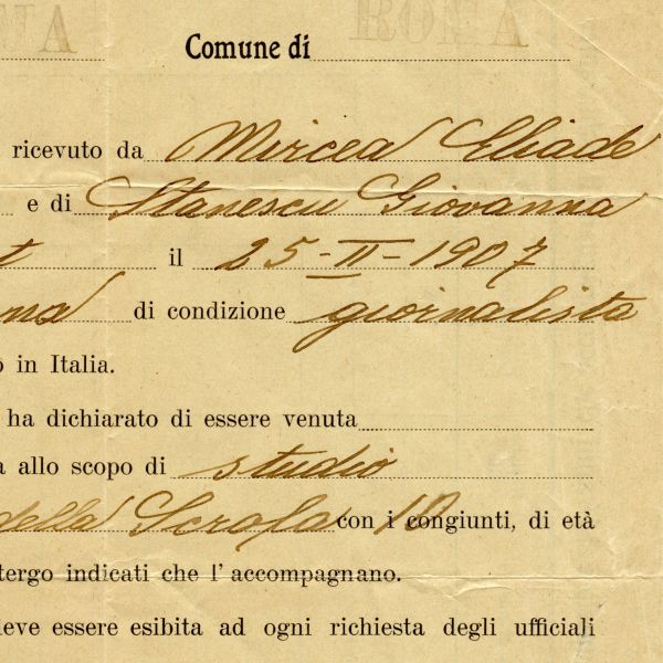 Mircea Eliade, permis de ședere în Italia, 1928