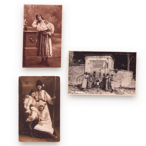 Nouă fotografii tip carte poștală cu reprezentări ale costumului tradițional românesc