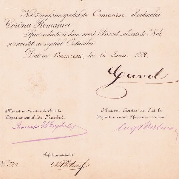 Col. Constantin Budișteanu, brevetul ordinului „Coroana României” în grad de Comandor, 1882, cu semnătura regelui Carol I 