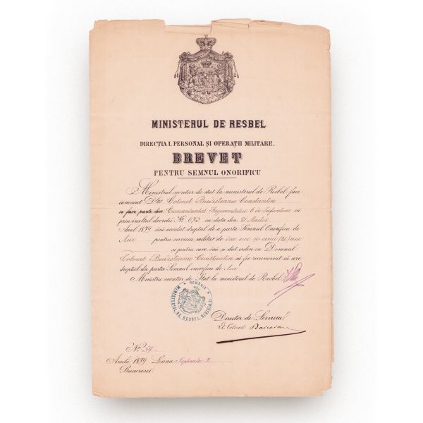 Col. Constantin Budișteanu, brevetul Semnului Onorific pentru XXV ani de serviciu militar, 1879