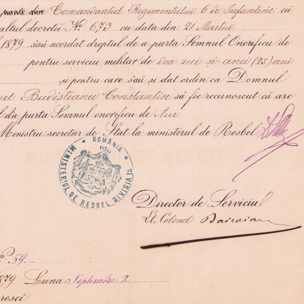 Col. Constantin Budișteanu, brevetul Semnului Onorific pentru XXV ani de serviciu militar, 1879