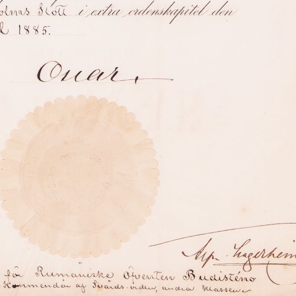 Constantin Budișteanu, brevetul ordinului Săbiilor din Suedia în grad de Comandor, clasa a II-a, 1885