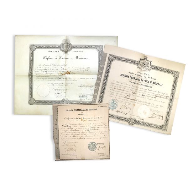 Vasilescu Petre, trei diplome emise de Facultatea de Medicină, 1868-1887, cu semnătura lui Carol Davila
