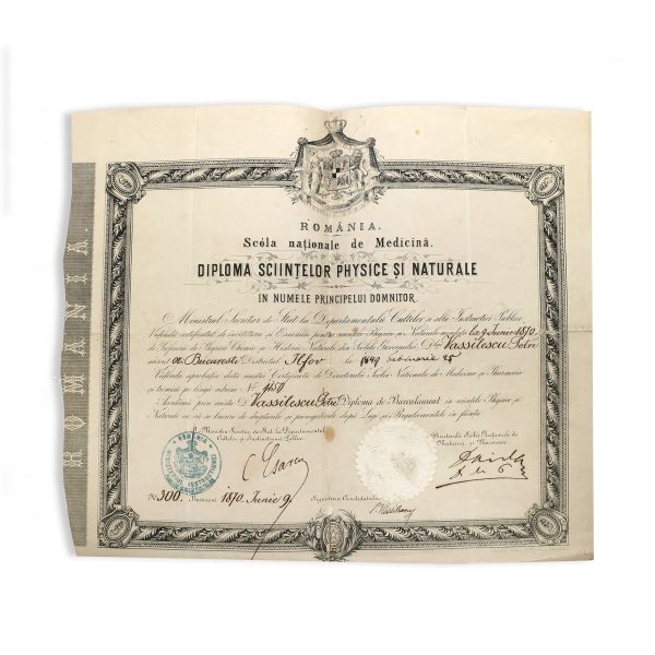 Vasilescu Petre, trei diplome emise de Facultatea de Medicină, 1868-1887, cu semnătura lui Carol Davila