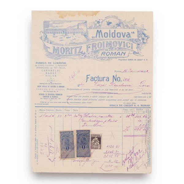 Fabrica „Moldova” - Moritz Froimovici, factură, 14 ianuarie 1922