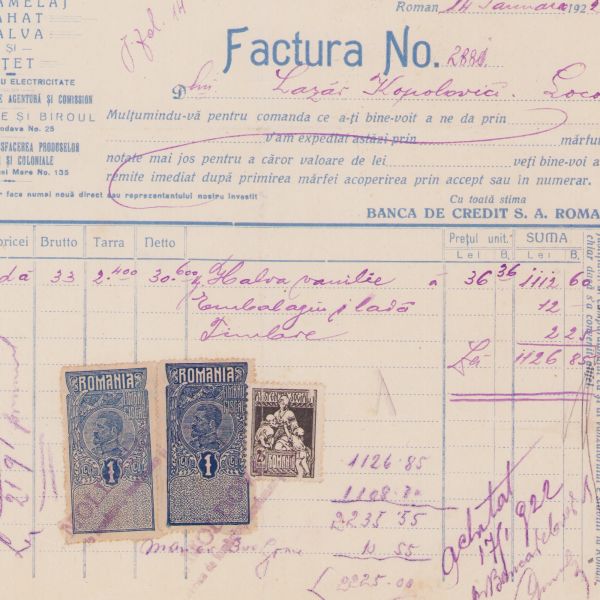 Fabrica „Moldova” - Moritz Froimovici, factură, 14 ianuarie 1922
