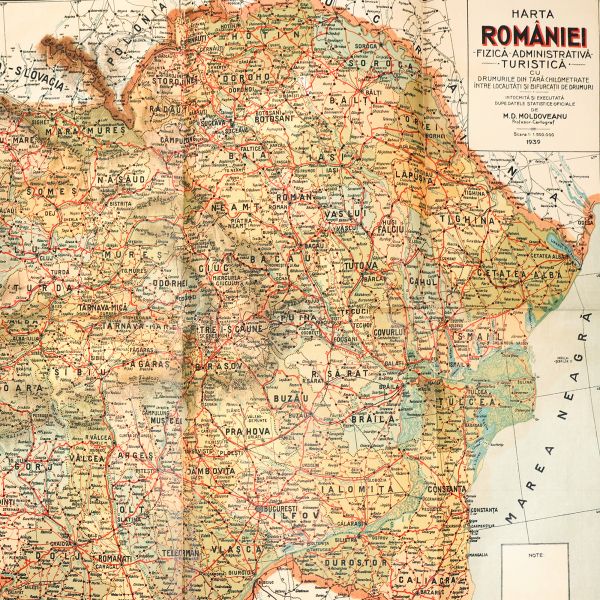 Harta fizică, administrativă și turistică a României, 1939 