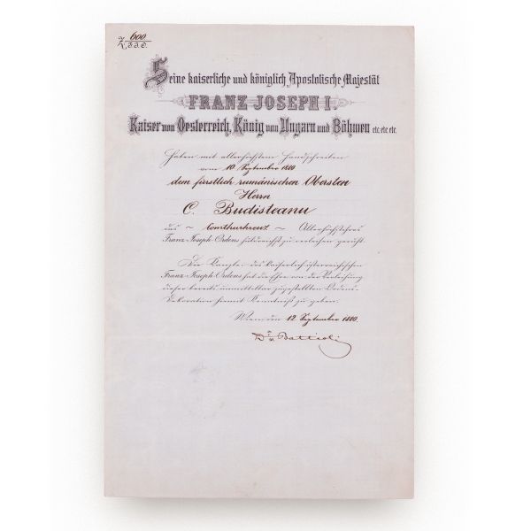 Gen. Constantin Budișteanu, brevetul ordinului austriac „Franz Joseph” în grad de Comandor, 1880