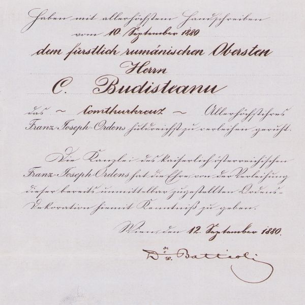 Gen. Constantin Budișteanu, brevetul ordinului austriac „Franz Joseph” în grad de Comandor, 1880
