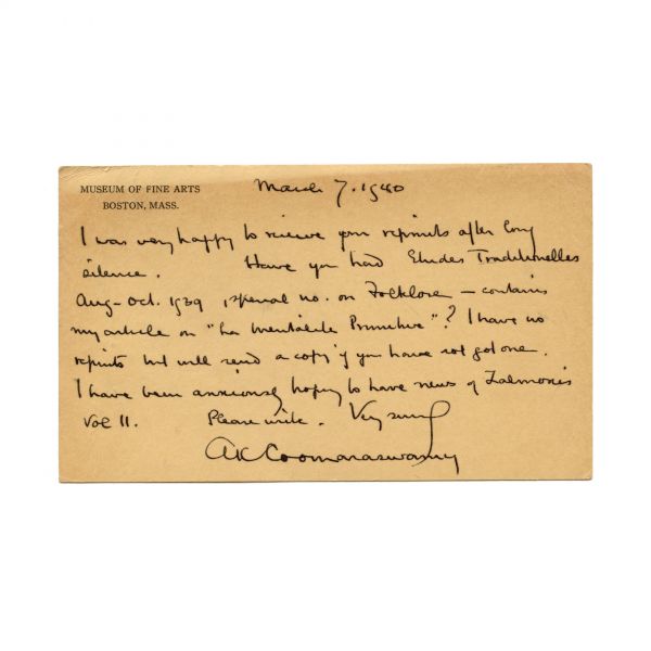 Ananda Coomaraswamy, carte poștală către Mircea Eliade, 7 Martie 1940