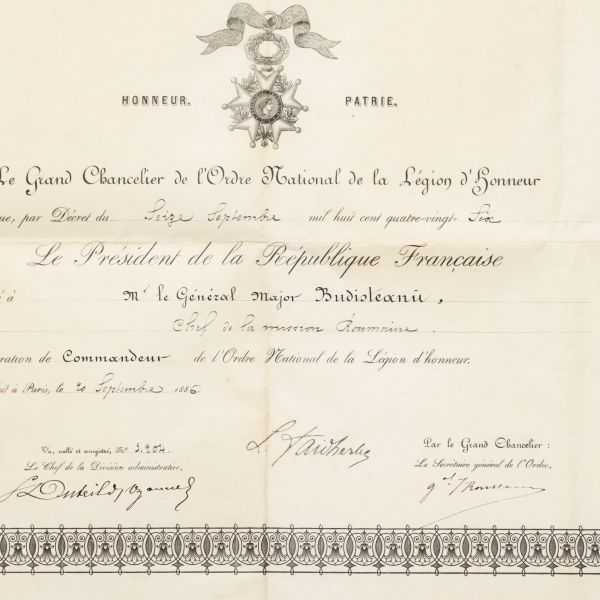 Gen. maior Constantin Budișteanu, brevetul ordinului „Legiunea de Onoare” în grad de Comandor, 1886