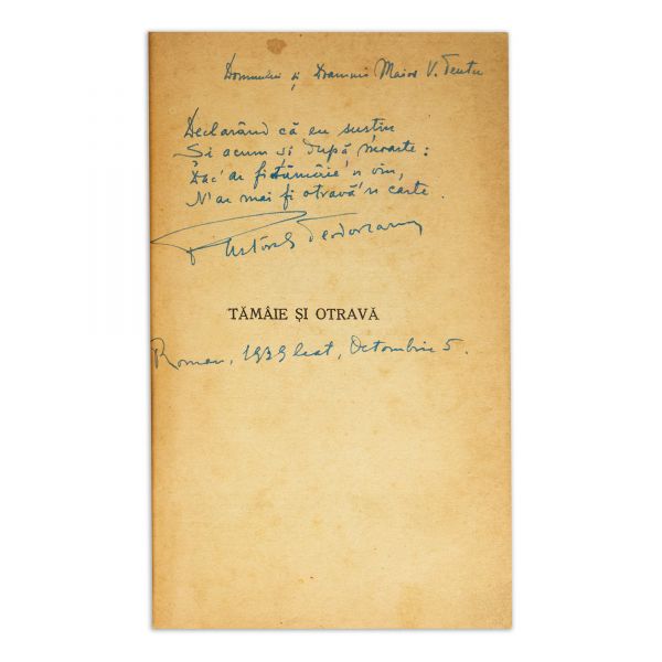 Al. O. Teodoreanu, Tămâie și otravă, vol. I-II, cu dedicație pentru maior V. Teutu