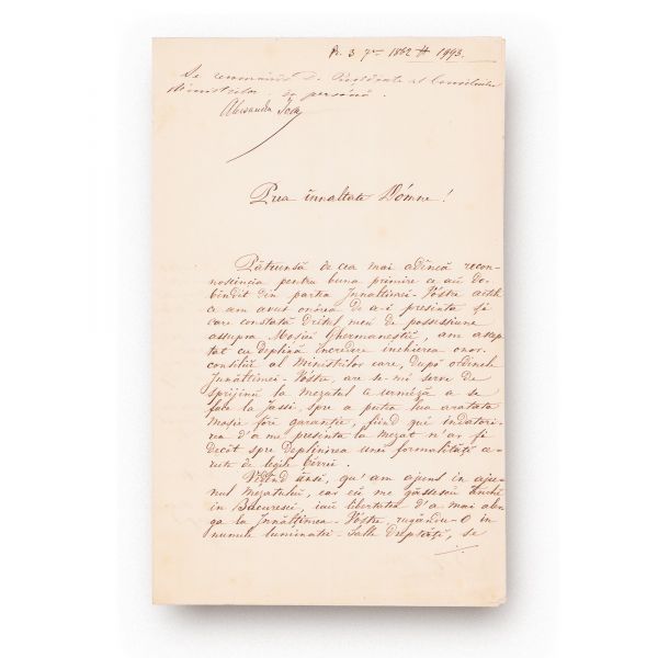 Scrisoare adresată principelui Alexandru Ioan Cuza, 3 septembrie 1862, cu însemnarea și semnătura olografă a principelui