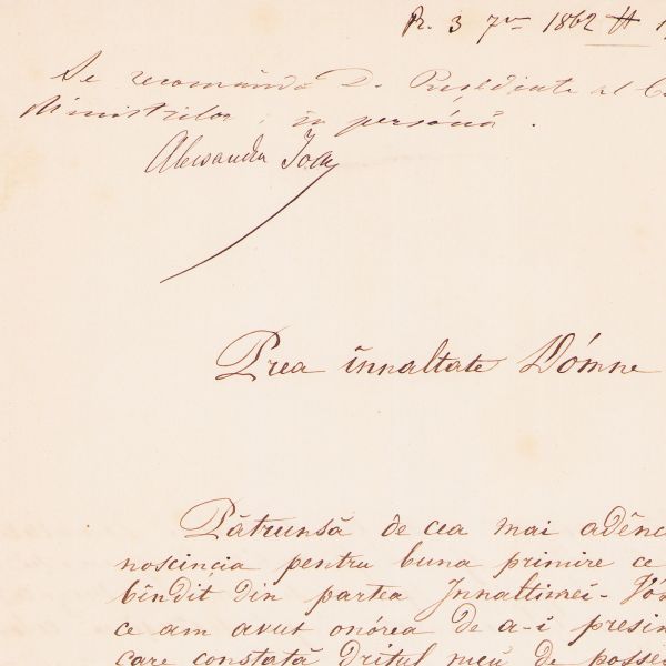 Scrisoare adresată principelui Alexandru Ioan Cuza, 3 septembrie 1862, cu însemnarea și semnătura olografă a principelui