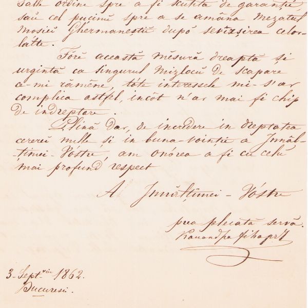 Scrisoare adresată principelui Alexandru Ioan Cuza, 3 septembrie 1862, cu însemnarea și semnătura olografă a principelui