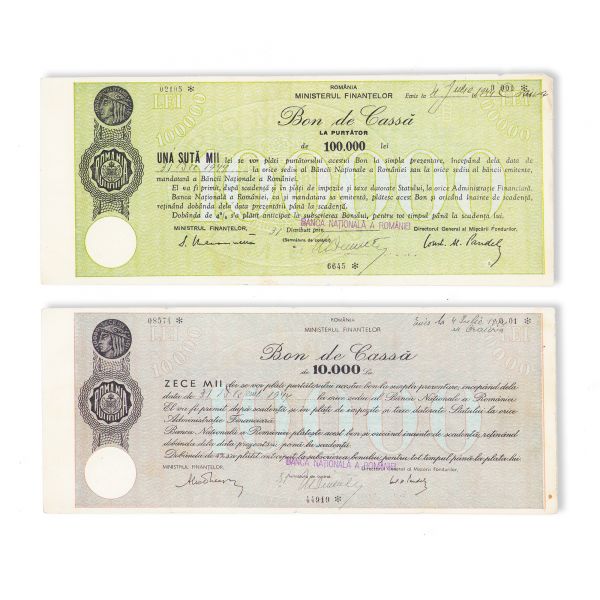Două bonuri de casă în valoare de 10.000 și 100.000 lei, 1944
