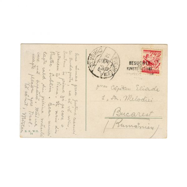 Mircea Eliade, carte poștală din Viena către Căpitanul Gh. Eliade, 8 August 1927