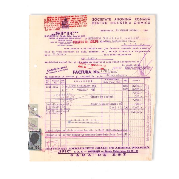 Fabrica Stella, Drogheria Standard, Spic, Mott & Fils, Pivnițele Eugen H. G. Grecov, 12 facturi și chitanțe 